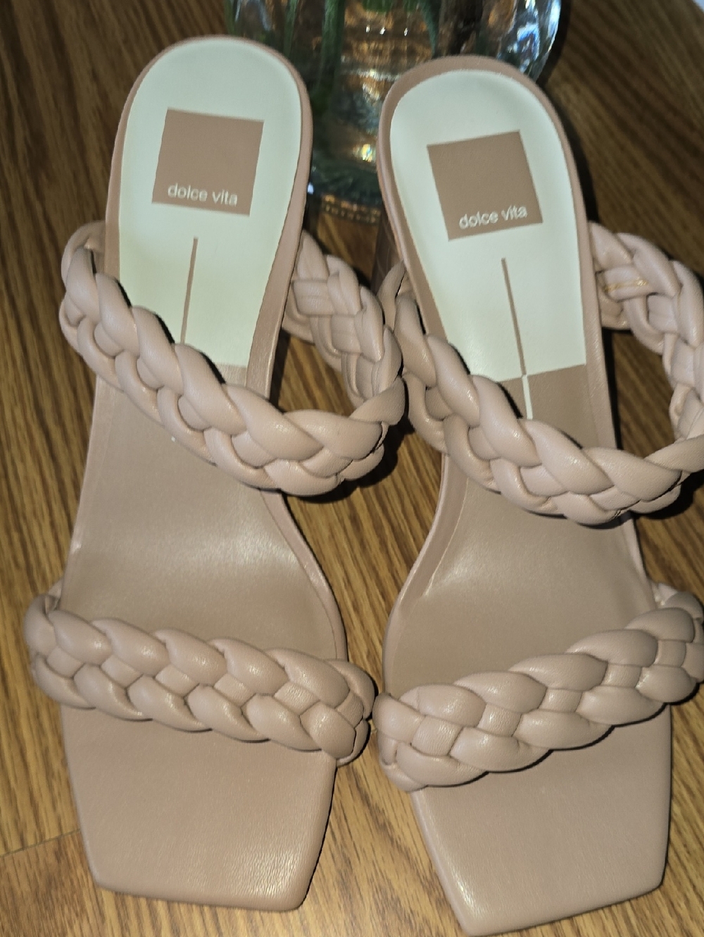 Dolce Vita Braided Double-Strap Heeled Sandals in Blush Nude